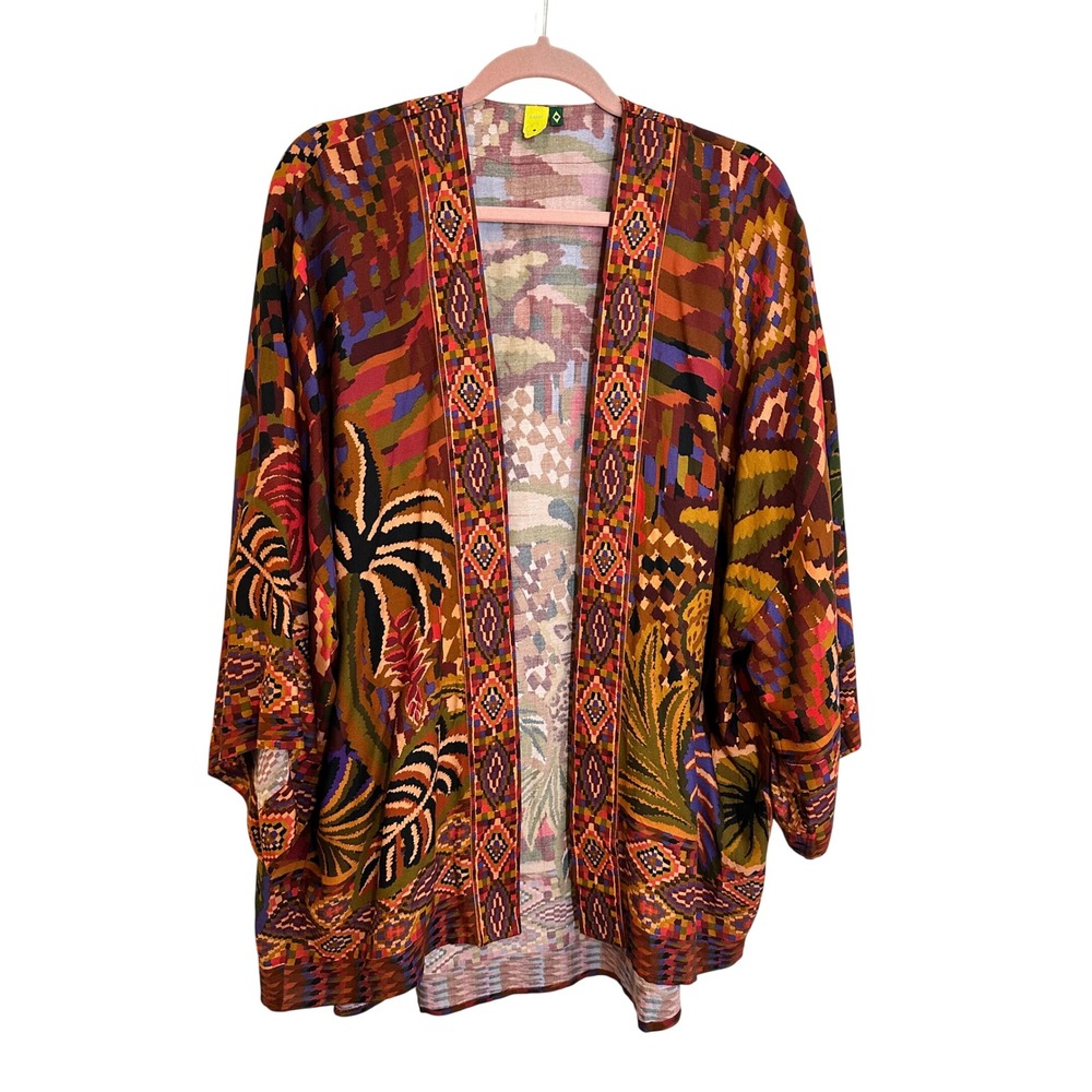 Farm Rio Kimono Wrap Size OS Brown Tropical Toucan Leopard Print Missing Belt